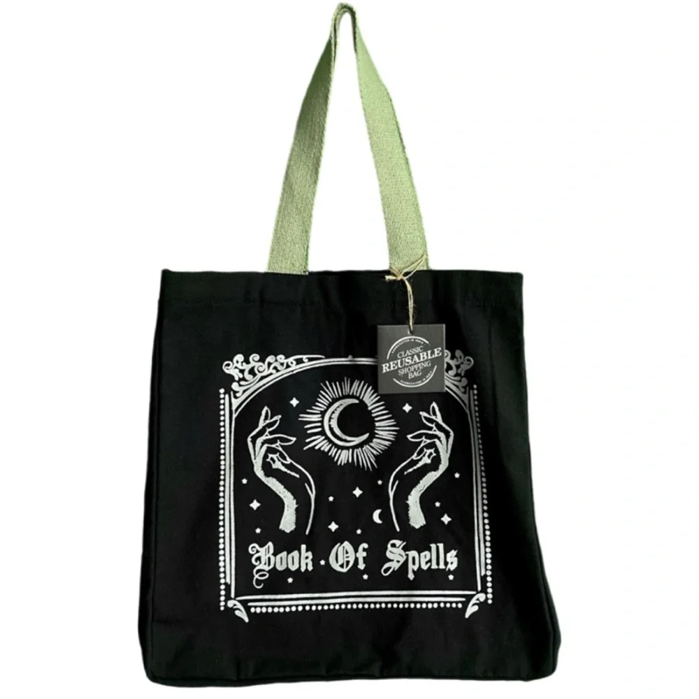 Book of Spells Black Double Sided Canvas Tote NEW Magic